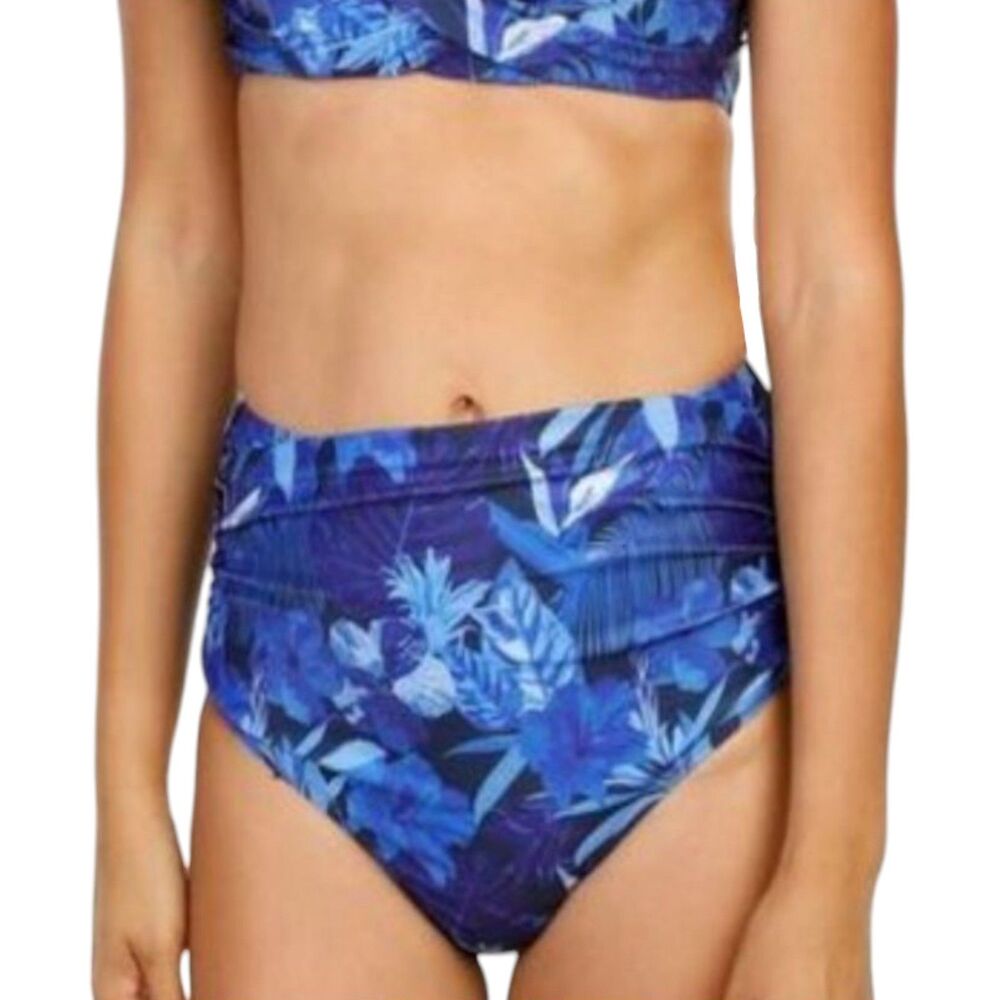 NEW Nicole Miller Bikini Bottom Size XL High Waist Ruched Blue Turkish Sea Print